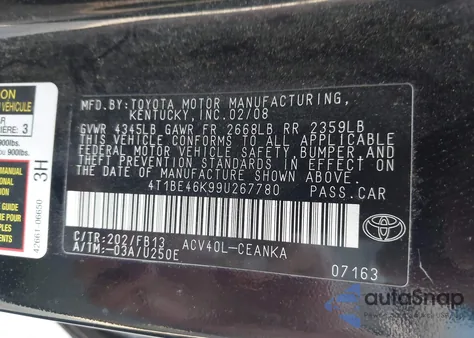 2009 Toyota Camry Le из США, поврежденный, VIN 4T1BE46K99U267780